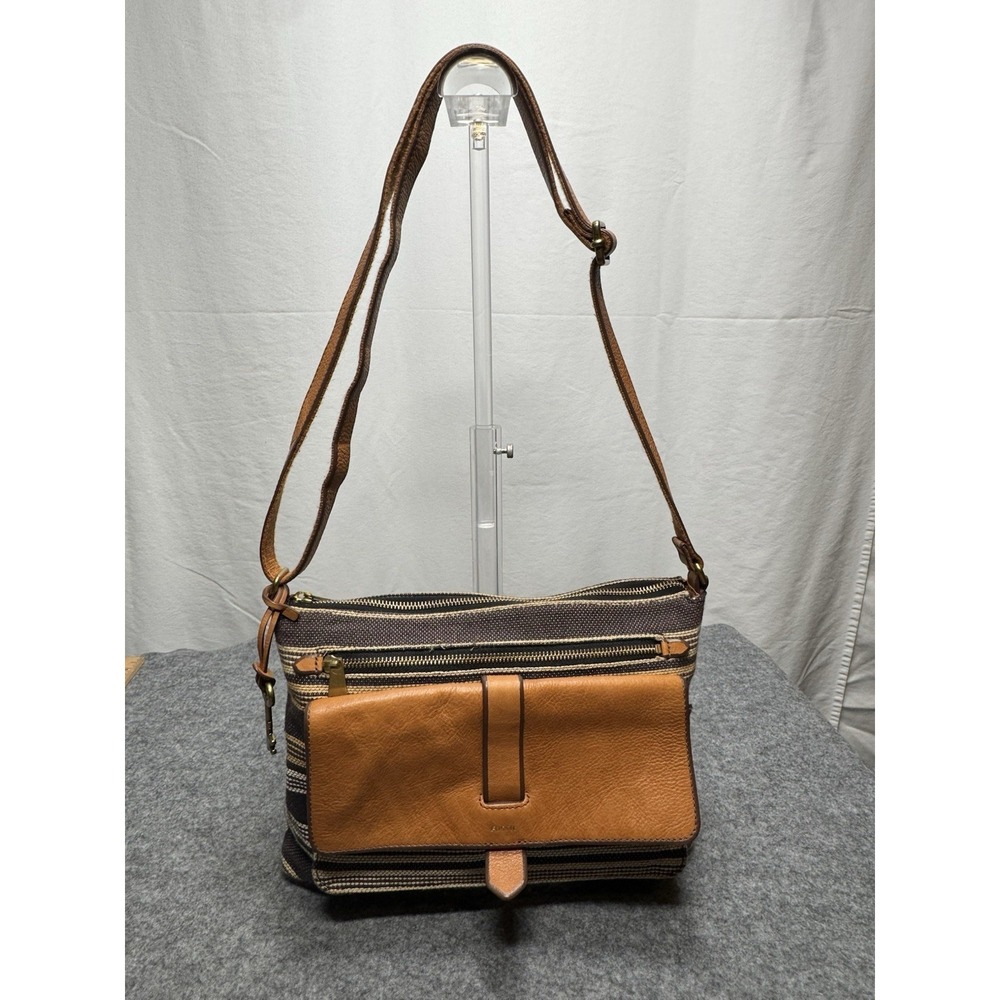 Fossil Kinley Crossbody Bag Purse Grey Stripe Brown Leather Zip Top‎